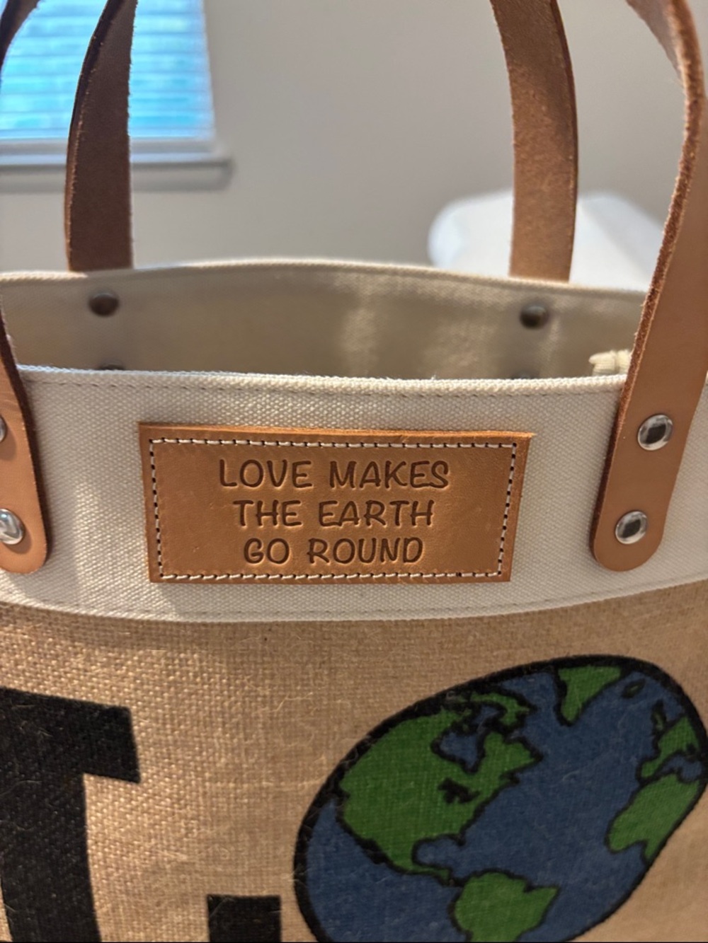 Brighton Natural Canvas LOVE Tote with Red Heart and Blue/Green Globe - Picture 5 of 7